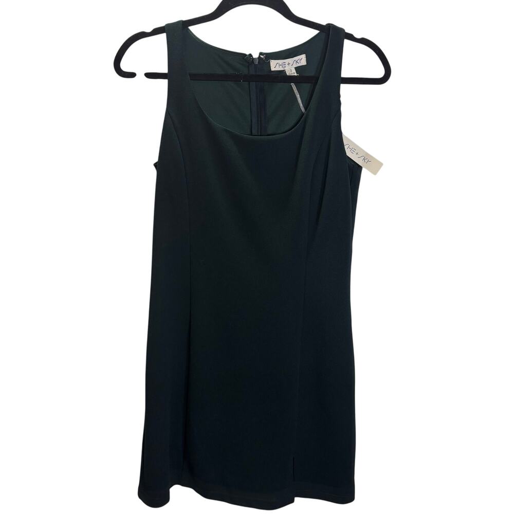NWT She + Sky Dark Green Sleeveless Shift Dress Size Small Back Zip Career